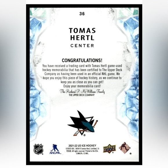 Tomas Hertl 2021/22 Upperdeck ICE San Jose Sharks Game Jersey Hockey Card - Picture 2 of 2